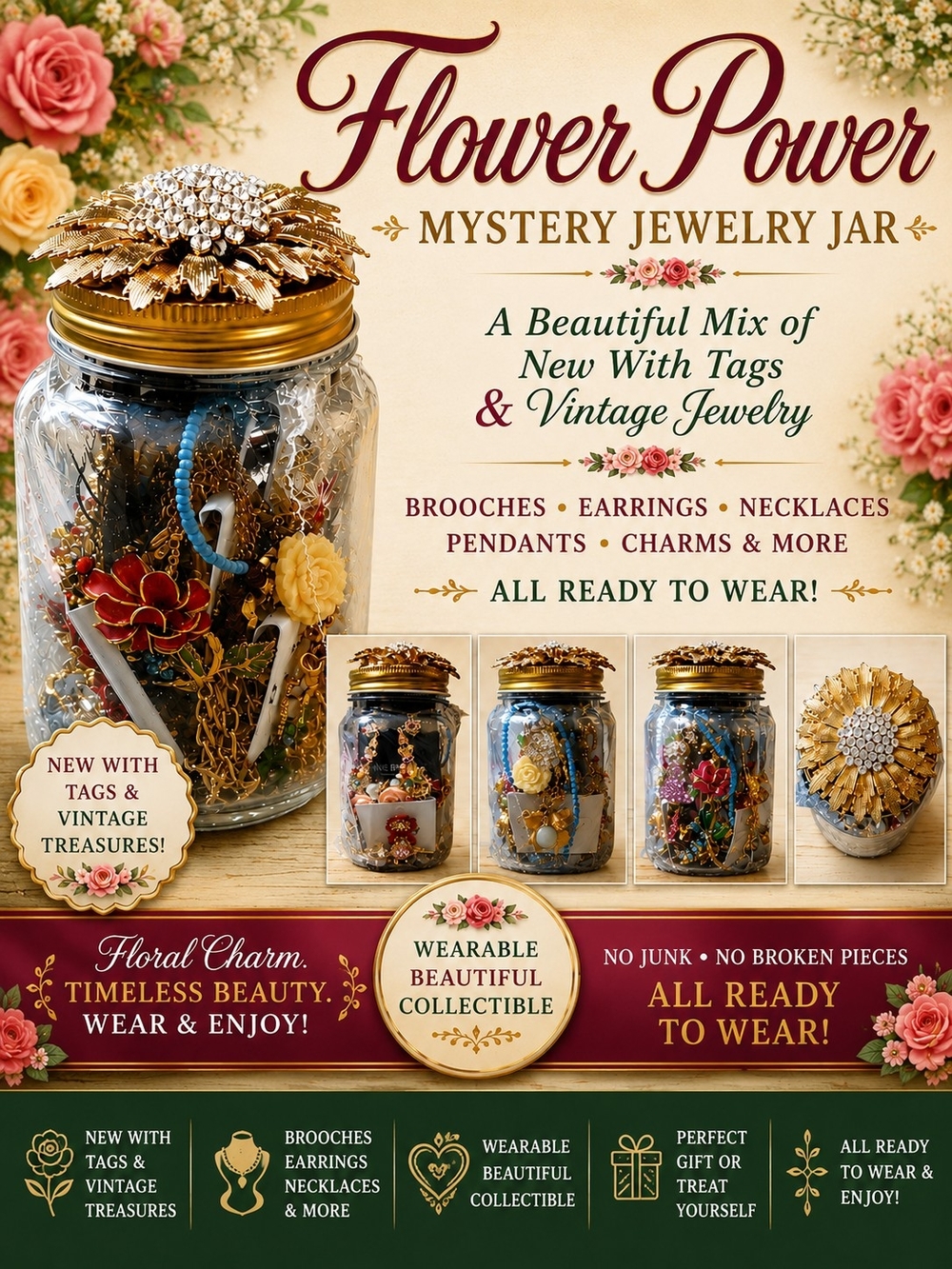 Flower Power Mystery Jewelry Jar Vintage Floral Jewelry Brooches Necklaces